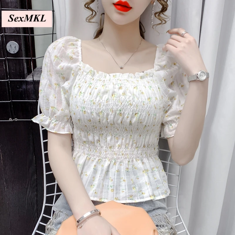 

Fashion Puff Sleeve Vintage Summer Blouses Women 2024 Casual Floral Printed Short Crop Tops Korean Sexy Chiffon Blouse Blusas