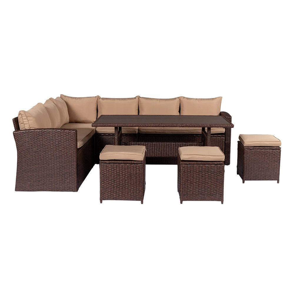 Eight-Piece Set Outdoor Rattan Dining Table And Chair Brown Wood Grain Rattan Khaki Cushion Plastic Wood Outdoor Furniture Set