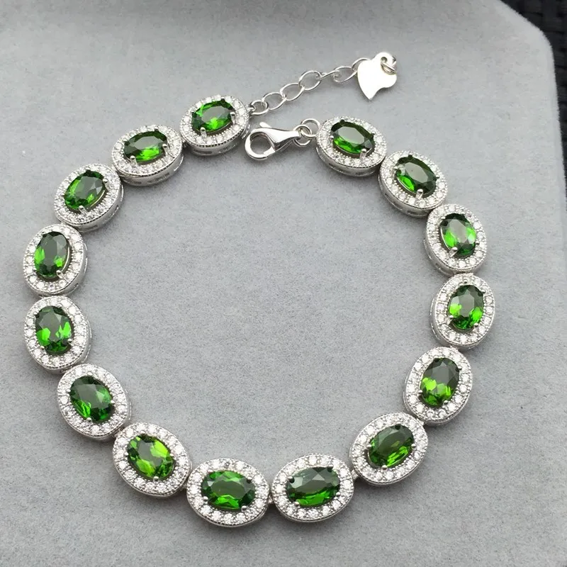 Diopside GREEN flat oval faceted s925 chain bracelet