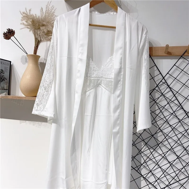 WHITE Bride Bridesmaid Wedding 2PCS Robe Set Lace Trim Sleepwear Sexy Women Satin Kimono Bathrobe Casual Home Clothes Nightwear