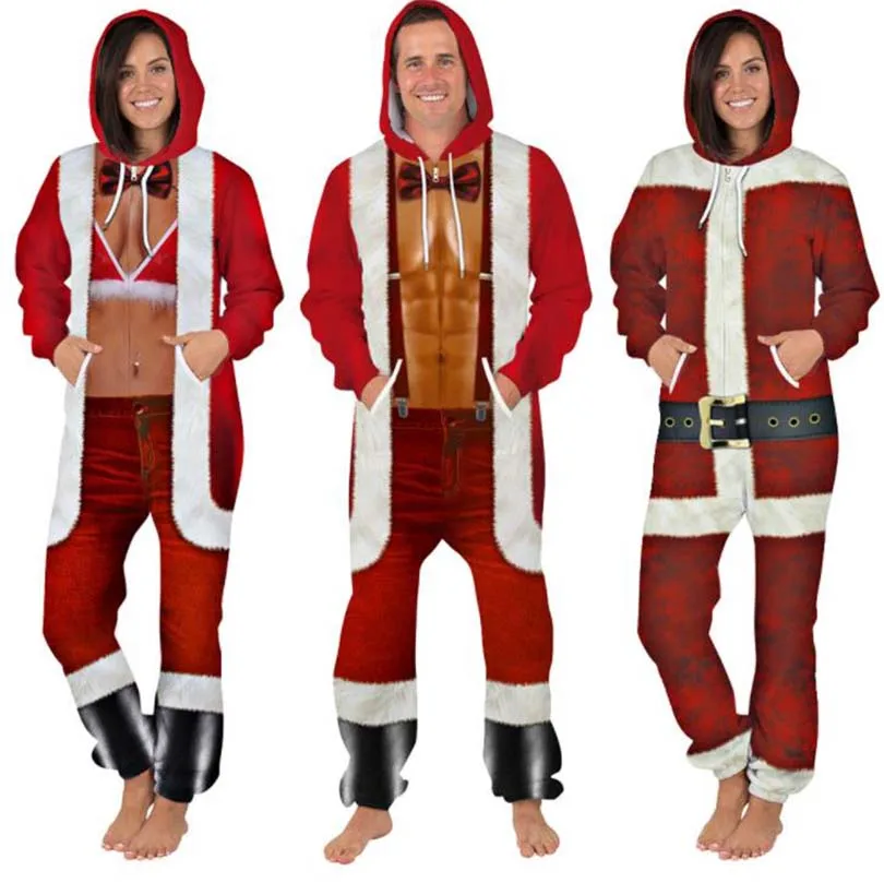 Women Christmas Oversized 3D Printed Hood Zipper Onesie Jumpsuit Romper Men Casual Loose Plus Red Playsuit One Piece Overalls