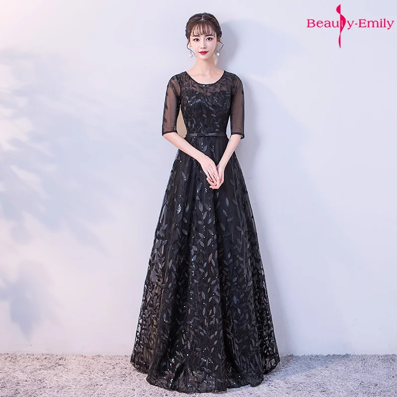 

Beauty-Emily O Neck Half Sleeve Floral Bridesmaid Dresses Long Sequins Appliques Pleated Party Dress For Wedding Guests