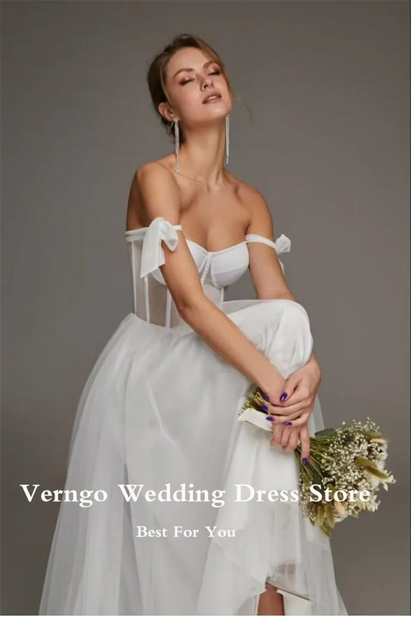 Verngo Simple A Line Tulle Wedding Dresses With Tied Shoulder Straps Bones Sweetheart Midi Tea Length Bridal Gowns Party Dress