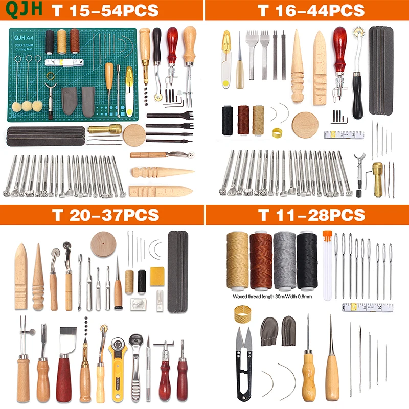 QJH7/13/18/26/28/30/37/44/54PCS Professional Leather Craft Tool Kit Hand Sewing Stitching Punching Kit  Carving Work Accessories