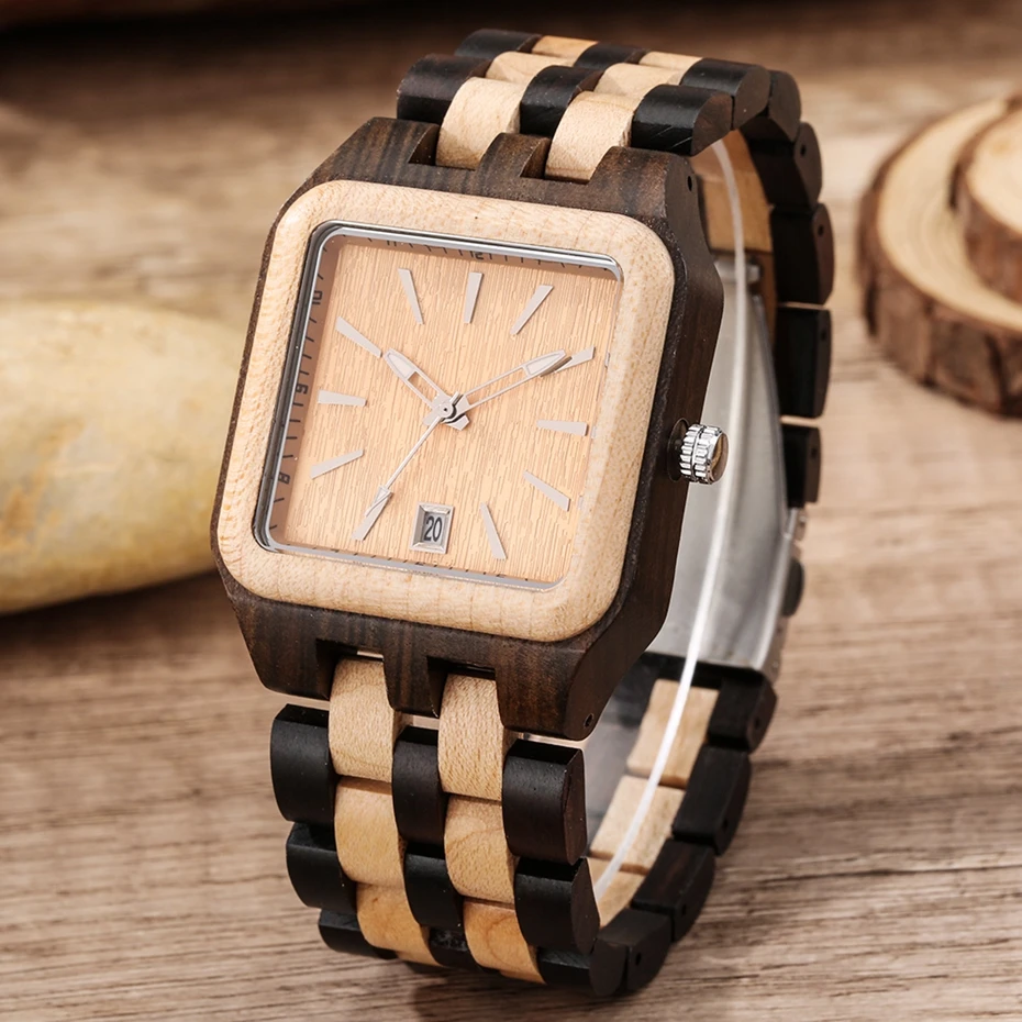 Retro Wood Calendar Watches for Men Creative Rectangle Dial Clock Man Full Natural Wooden Band Watch Date Quartz Wrist Watches