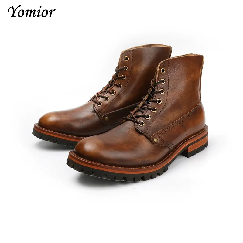 Yomior Handmade Tooling Shoes Vintage Men Genuine Leather Ankle Boots British Dress Goodyear Cowhide Motorcycle Boots Autumn