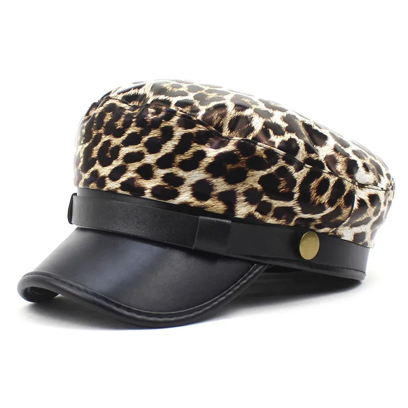 Women Pu Leopard Grain Duck Tongue Beret Simple Casual Octagonal Cap Autumn and Winter Joker Painter Hat 57