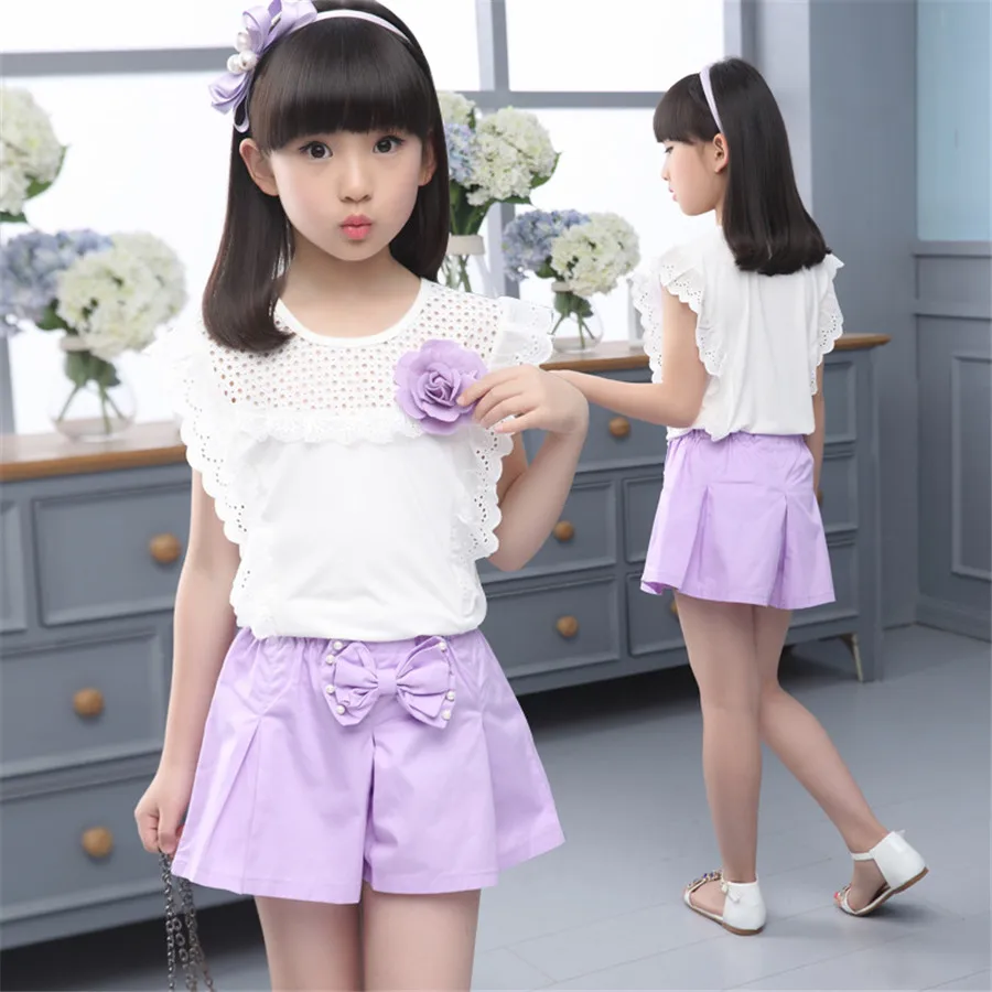 Girl Clothes Sets Summer Child Baby off shoulder T shirt+Bow Short Pants 2pcs Kids Outfits Set 8 9 10 12 Years