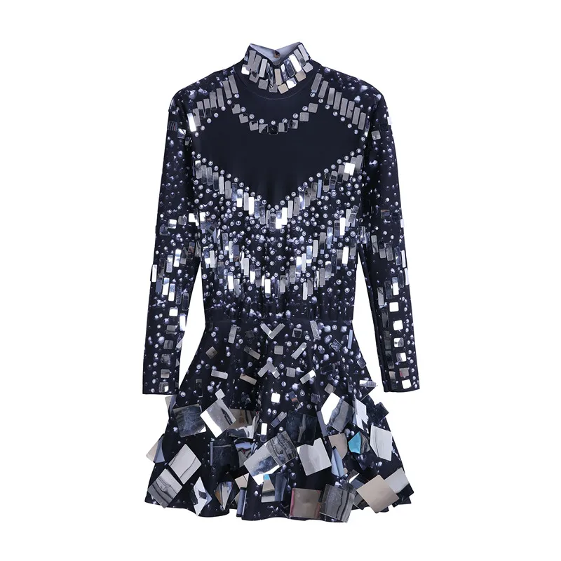 White color Singer mirror dress stage dance wears Sparkly Silver Sequins Bodysuit Dress Rhinestone Costume