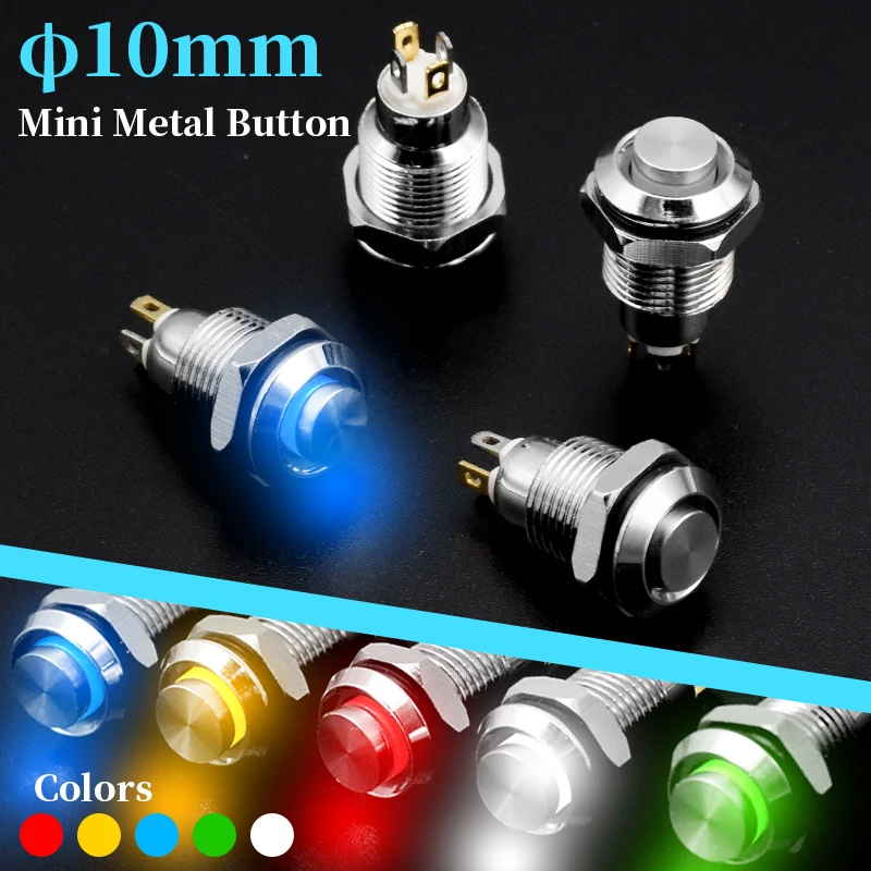 10mm Metal Push Button Switch with LED Indicator Self-reset Momentary Self-locking Latching 4 Pins High Head 3V 6V 12V 24V 220V