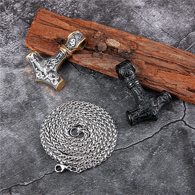 Punk Edelstahl Nordische Wikinger Amulett Anhänger Kette Odins Goldfarbener Thors Hammer Halsketten Herren Ethno-Schmuck Geschenke – Detail 6