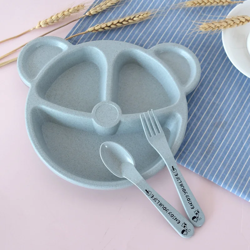 1Set Kids Plate Set Bowl+spoon+fork Feeding Food Tableware Set Cartoon Bear Kids Dinnerware Anti-hot Wheat Straw For Children