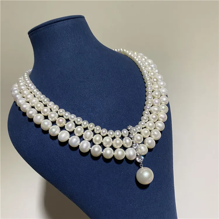 19'' 3 Rows Cultured Natural White  Pearl Necklace Cz Pendant