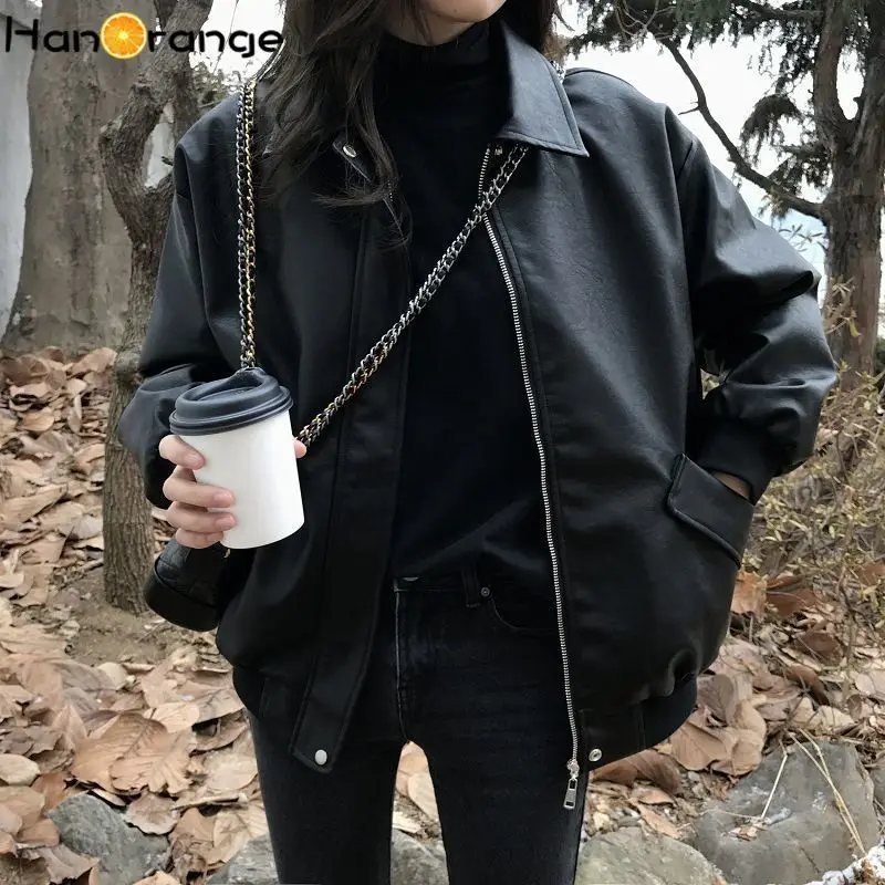 HanOrange Women Faux Leather Jacket Biker Turndown Collar PU Motorcycle Jackets Loose Streetwear Outerwear Spring Coat