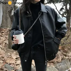 HanOrange-Jaqueta de couro falso feminina, casaco de motociclista, gola aberta, jaquetas de motocicleta PU, streetwear solto, outerwear, primavera