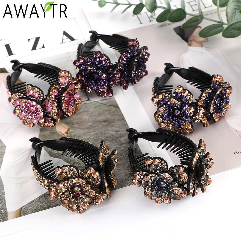 AWAYTR Women Flower Hair Clips Claw Rhinestone Ponytail Hair Accessories Hairpins Ladies Headbands Girls Ornaments Barrettes