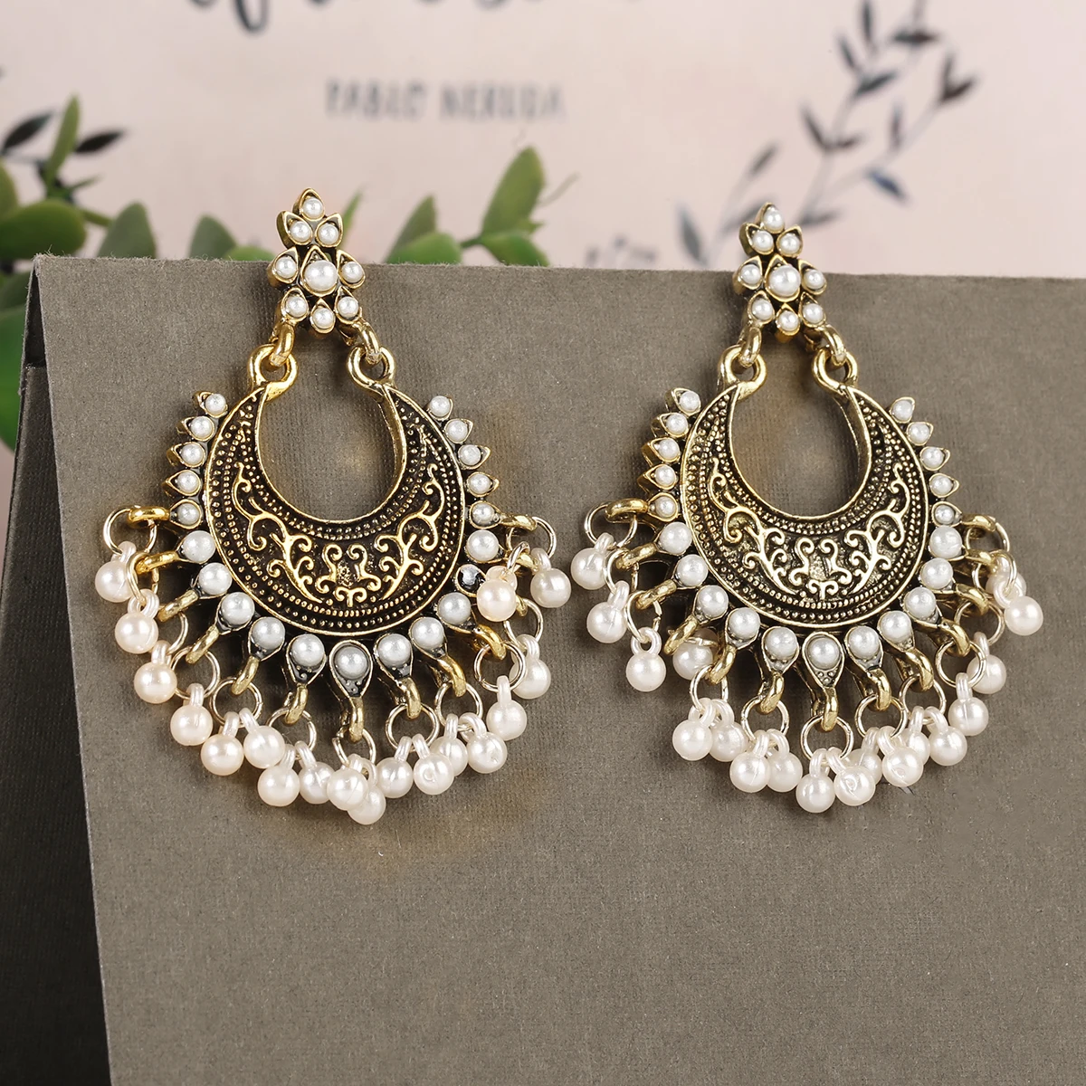 Luxury Retro Big Sector Carved Indian Earrings Fro Women Piercing Ethnic Bollywood Pearl Tassel Earrings