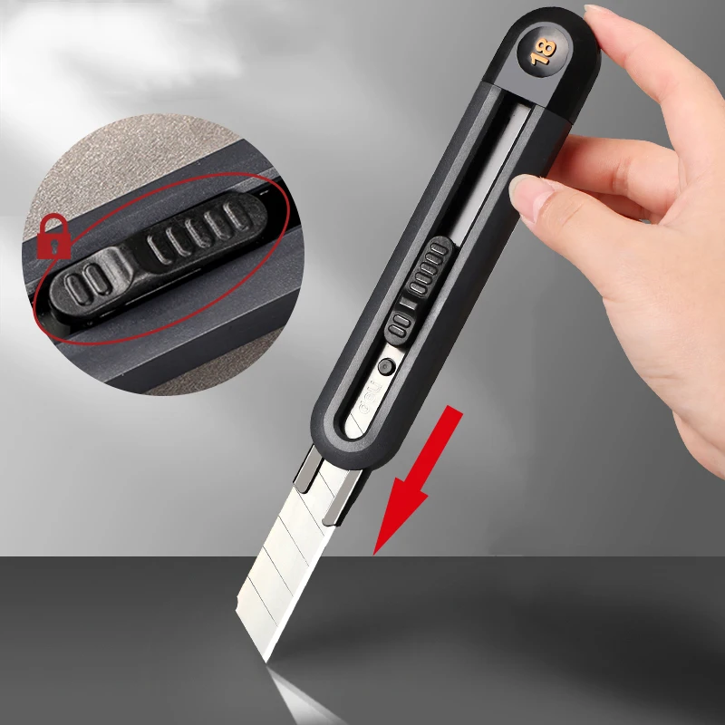 Deli-cuchillo de utilidad con diseño de bloqueo automático, cuchillas de Metal, cortador de papel de 18mm, herramienta de papelería, cuchillo de