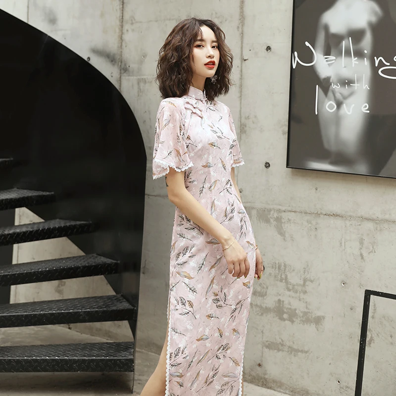 

Qipao Pink Chiffon Cheongsam Dress Large Size China Traditional Cheongsams Girl Long Oriental Dress Woman Costume Chinese Dress