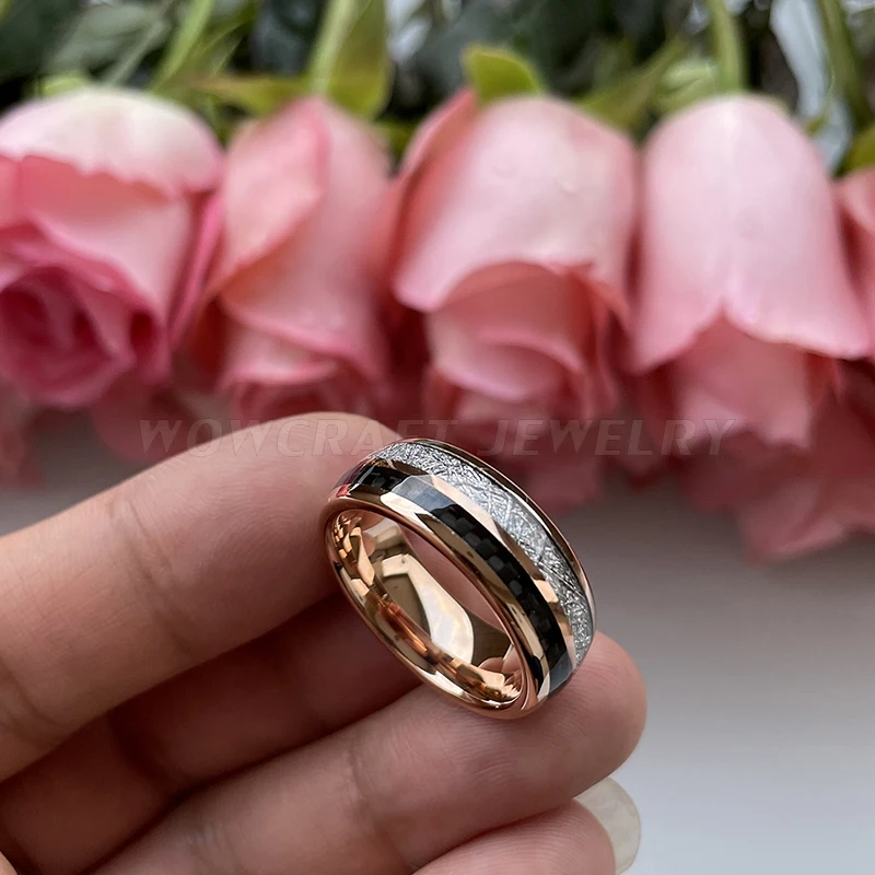 Rose Gold Mens Womens Ring Tungsten Carbide Wedding Band with Carbon Fiber Meteorite Inlay Engagement New Jewelry Comfort Fit