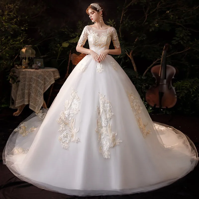 2022 halbe Hülse Hochzeit Kleid Mit Zug Champagner Spitze Braut Ballkleid Prinzessin Vintage Robe De Mariee Vestido De Noiva