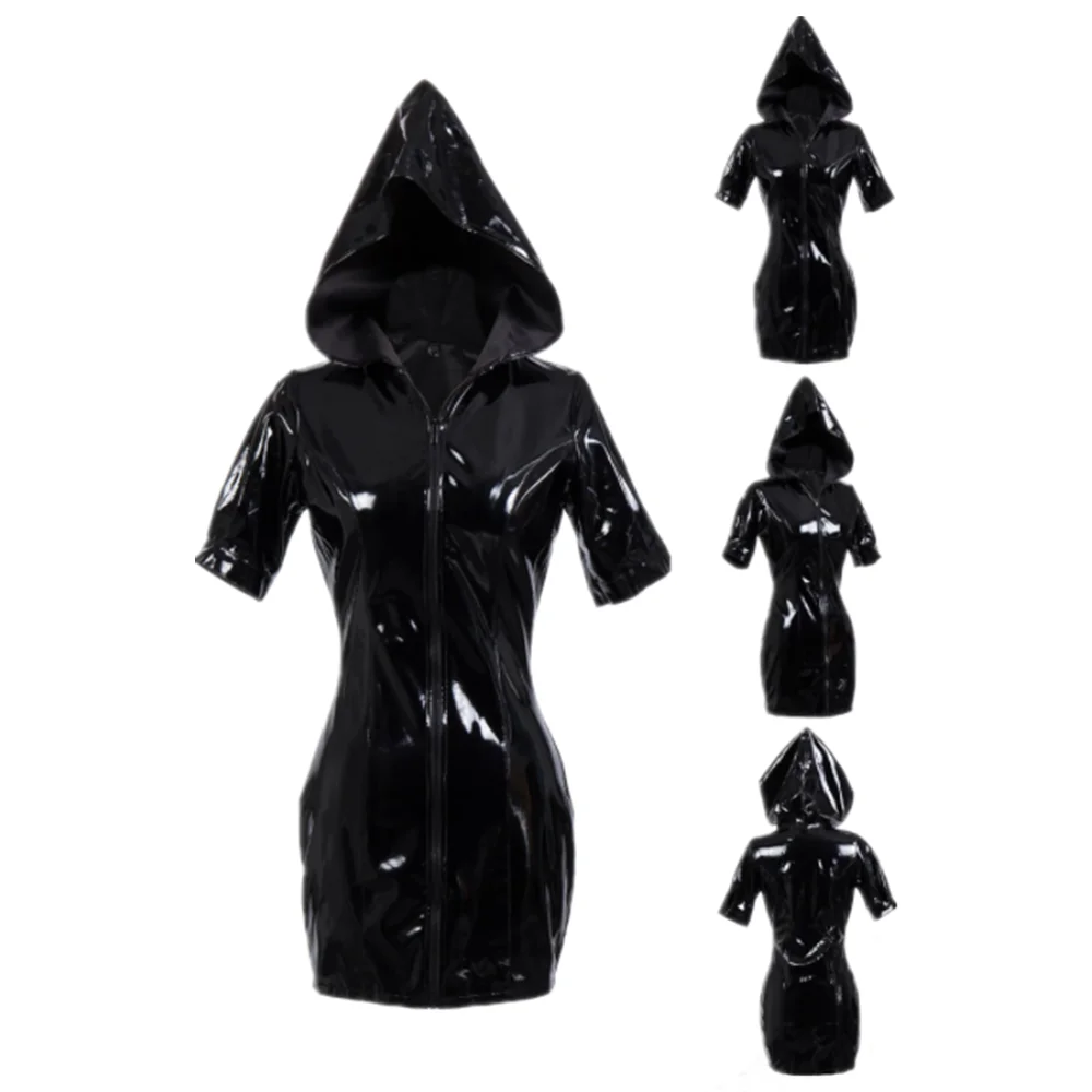 

S-3XL Women Black Zipper Short Sleeve Hooded Tight Sexy PVC Faux Leather Dress Club Motorcycle Costume