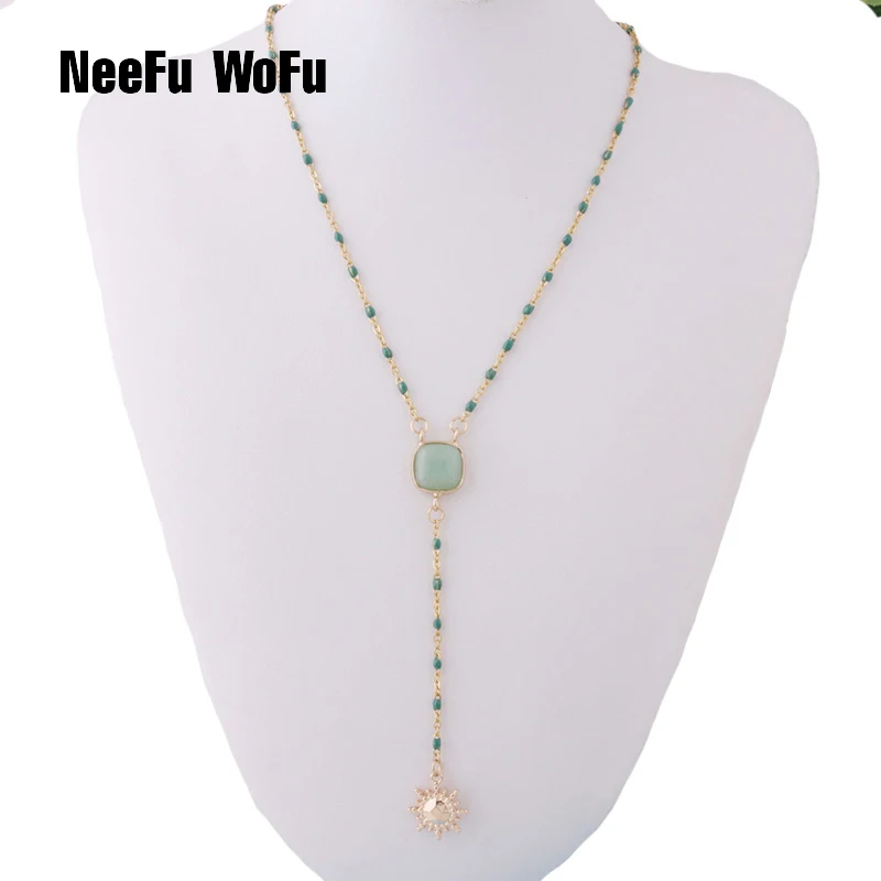 

NeeFuWoFu Stainless Steel Necklace green Natural Stone Pendant Short Necklace Woman Pink Stone Jewelry