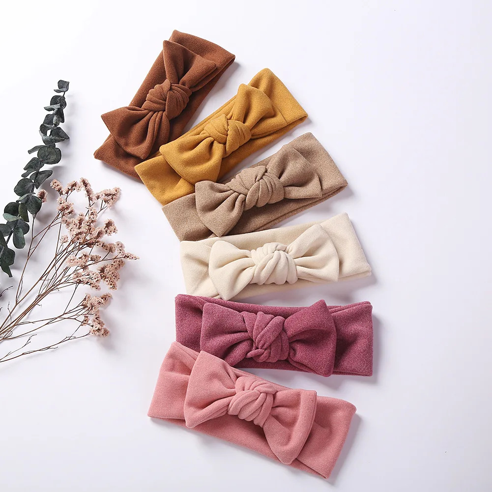 30pc/lot Solid Cashmere Hair Bow Headbands Baby Bowknot Headband Newborn Bow Elastic Hairbands Kids Girl Party Hair Accessories