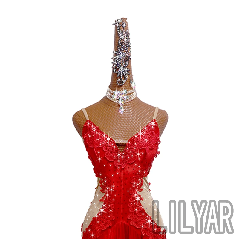 New Latin Dance Competition Performance  Adult Red Backless Red Embroidered Dance Dress