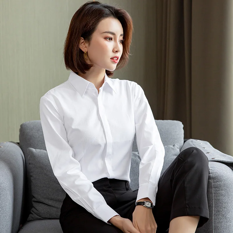 Ladies Office Versatile Slim-fit Formal Blouses & Shirts Female Casual Long Sleeve Solid White Dress Shirt Women\'s Clothing