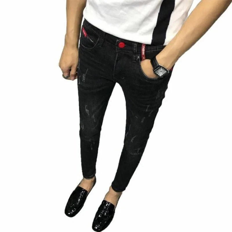 Calças de brim de moda masculina 2020 calças de brim dos homens magro ajuste jeans coreano stretch preto velho roupas sociais para adolescentes calças de lápis