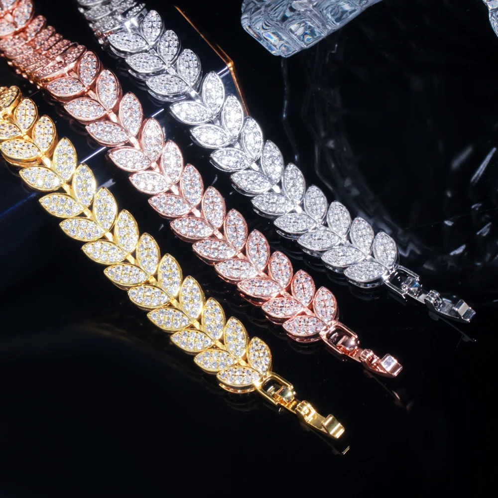 Pera Elegant Micro Full 585 Rose Gold Color CZ Zircon Pave Leaf Link Chain Bracelet for Women Fashion Wedding Party Jewelry B202