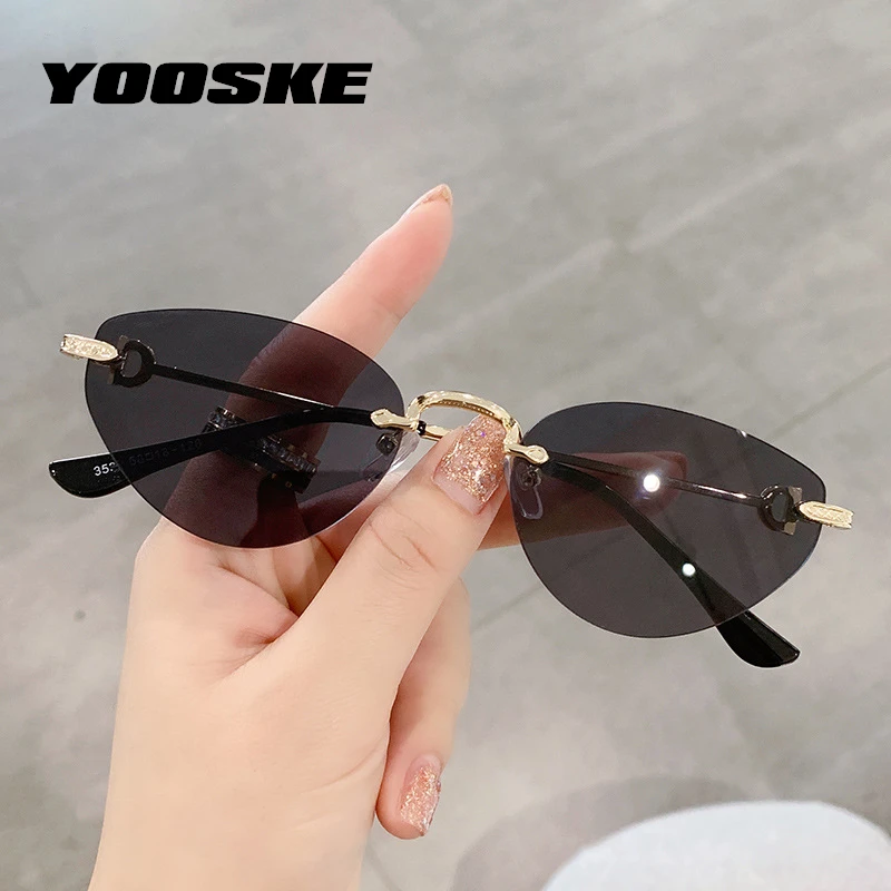 YOOSKE Luxury Brand Rimless Cat Eye Sunglasses Women Vintage Clear Ocean Lenses Eyewear Ladies Frameless Sun Glasses 2022