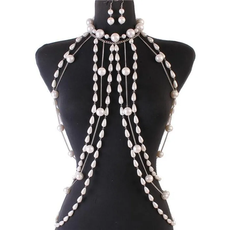

New Women Imitation Pearl Beaded Body Chain Earrings Full Jewelry Handmade Chains Bib Necklace Collar Vintage Layered Costume