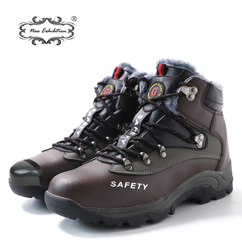 

New exhibition Men safety Boots Plush Warm Winter Steel Toe Cap Anti skidding Work Shoes Black Brown PU Ankle Boots Size 35 - 48
