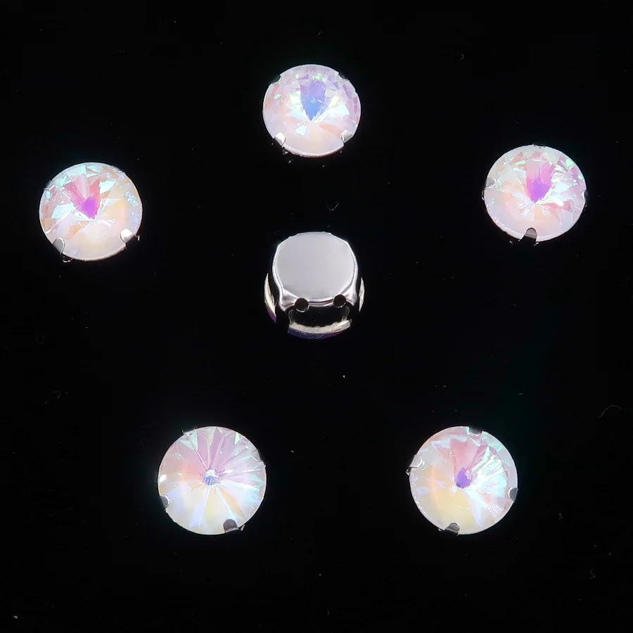 Rivoli runde silberne Krallenfassungen mit Glaskristallen in Regenbogenfarben, 8 mm, 10 mm, zum Aufnähen von Strasskristallen, Applikationen für Kleidung, DIY – Detail 16