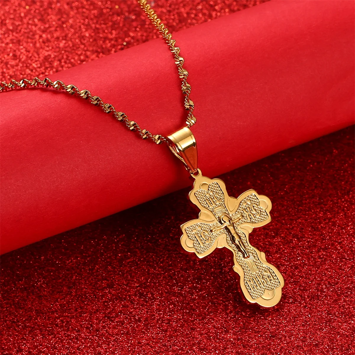 Church Eternal Cross Pendant Necklaces for Women Russia Orthodox Christianity Cross Chain Jewelry