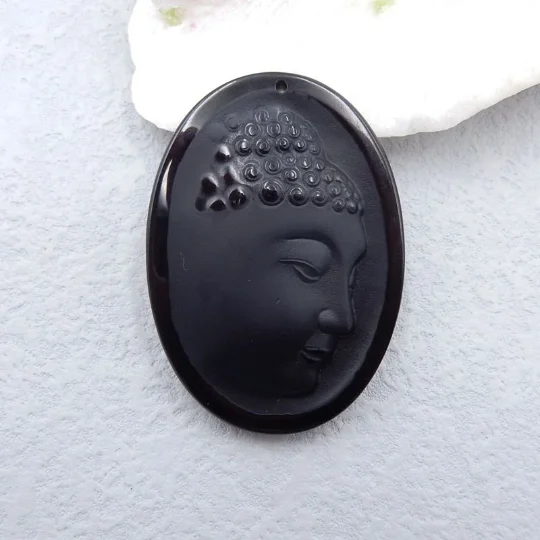 

Carved Natural Stone Obsidian Fashion Buddha Head Pendant 60x43x9mm,39.6g,Semiprecious Stone Handicraft Necklace Pendant