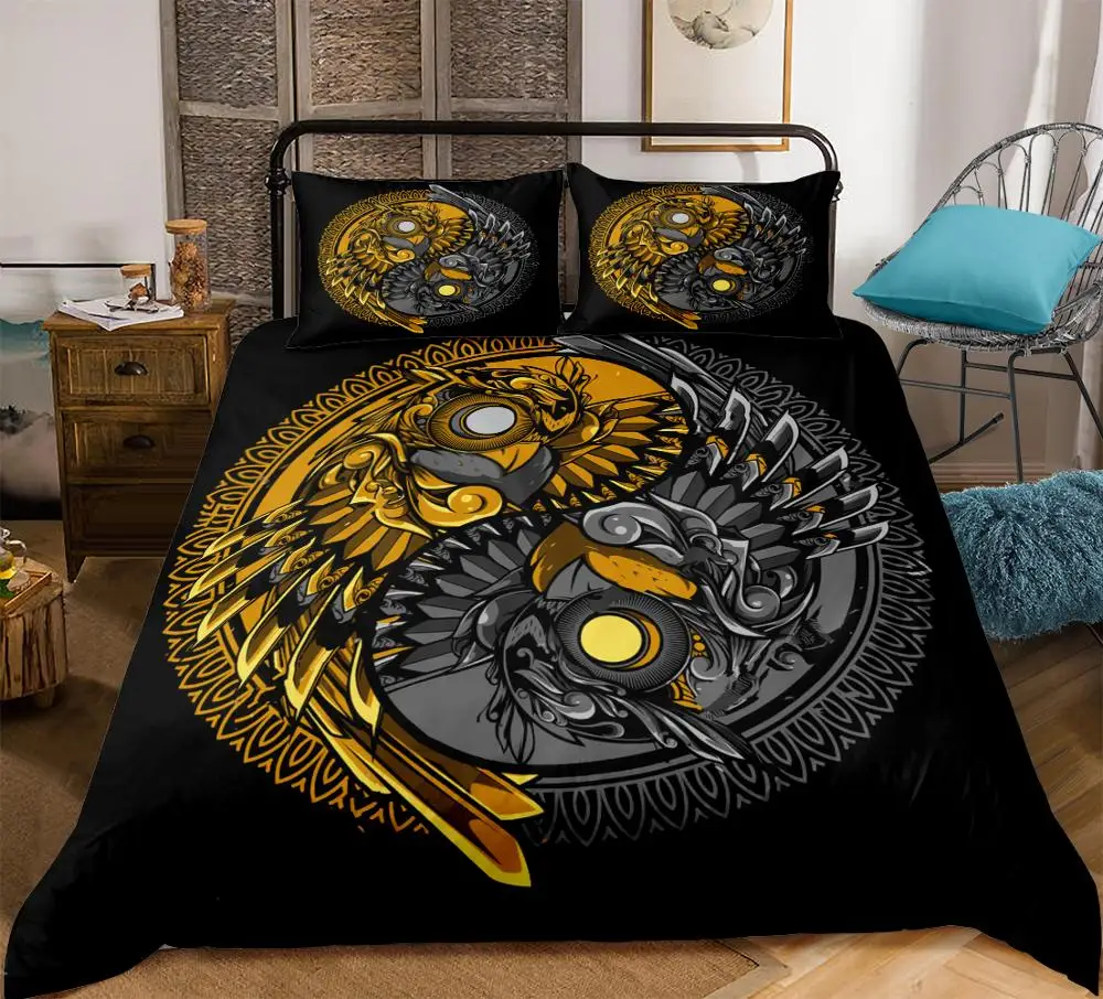 Mandala Bedding Set Exotic customs Duvet Cover Floral Bohemian Totem Bedclothes Black Background 3-Piece King Size