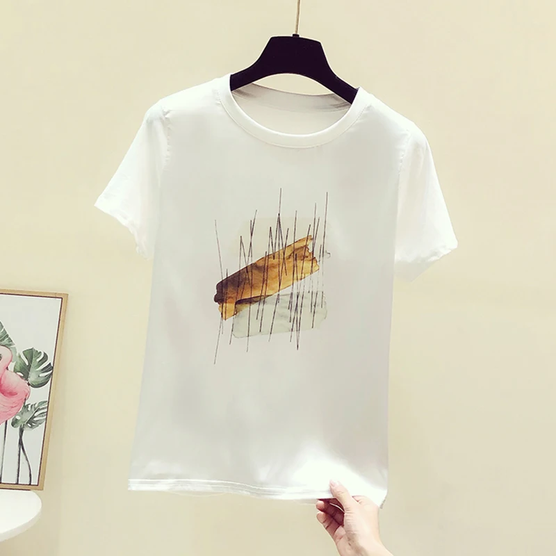 White Poplin T-shirts Women Basic Print Short Sleeve Tops Female O Neck Tshirts Vintage Chic Fashion Summer New Tee Shirt Femme