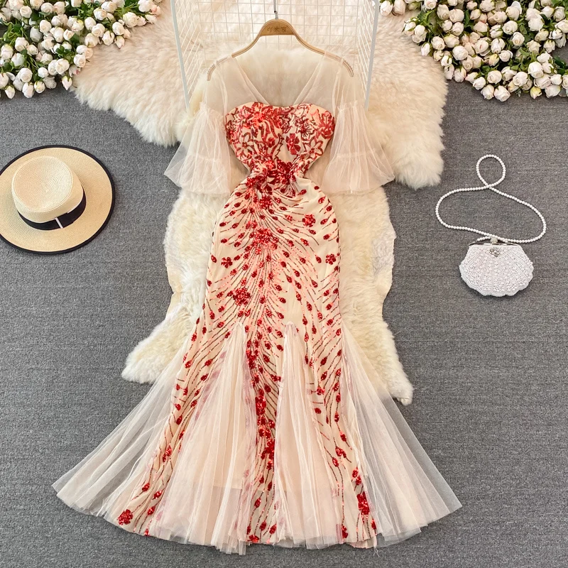 

Sexy Sequins Glitter Evening Party Dress Women Elegant See Through Mesh Patchwork V-neck Puff Sleeve Embroidery Mermaid Dress