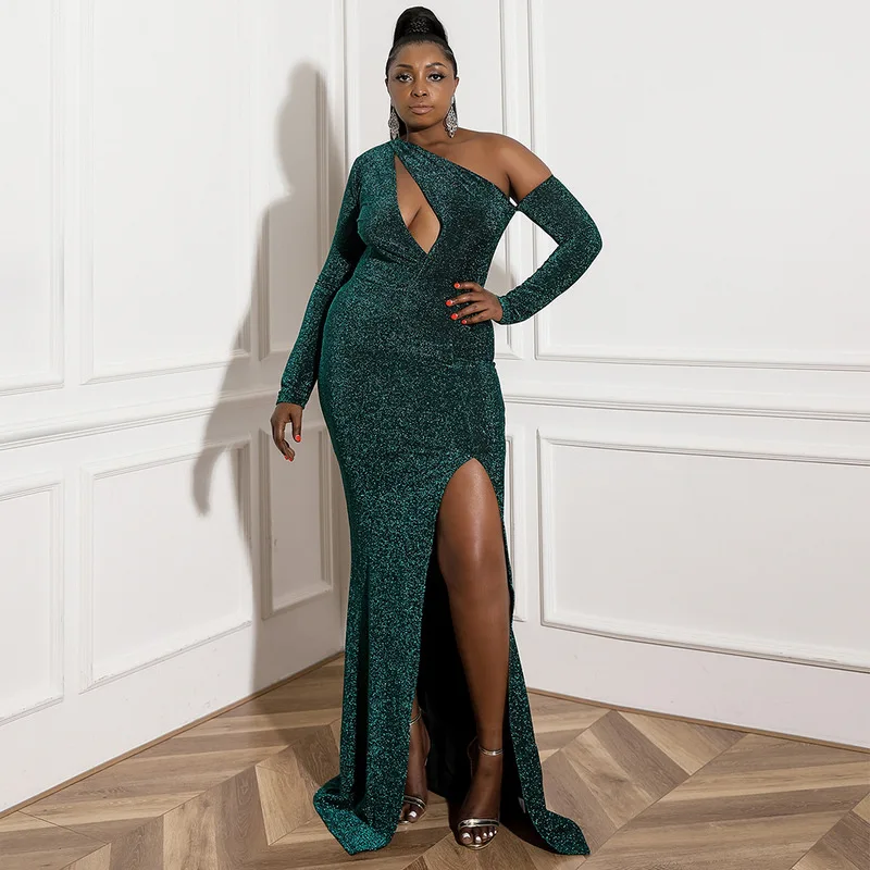 Robe de soirée de forme sirène, tenue de soirée de standing, asymétrique, asymétrique, épaule dénudée, manches longues, estampage or, Sexy, grande taille, nouvelle collection 2021