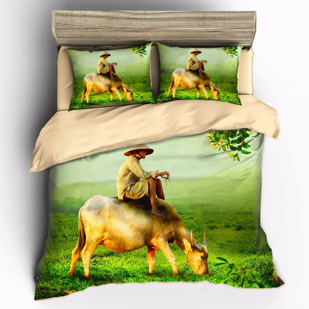 

AHSNME Forest buffalo ride between people Customizable King Queen Full Bedding Sets Brand Duvet Cover pillowcase set