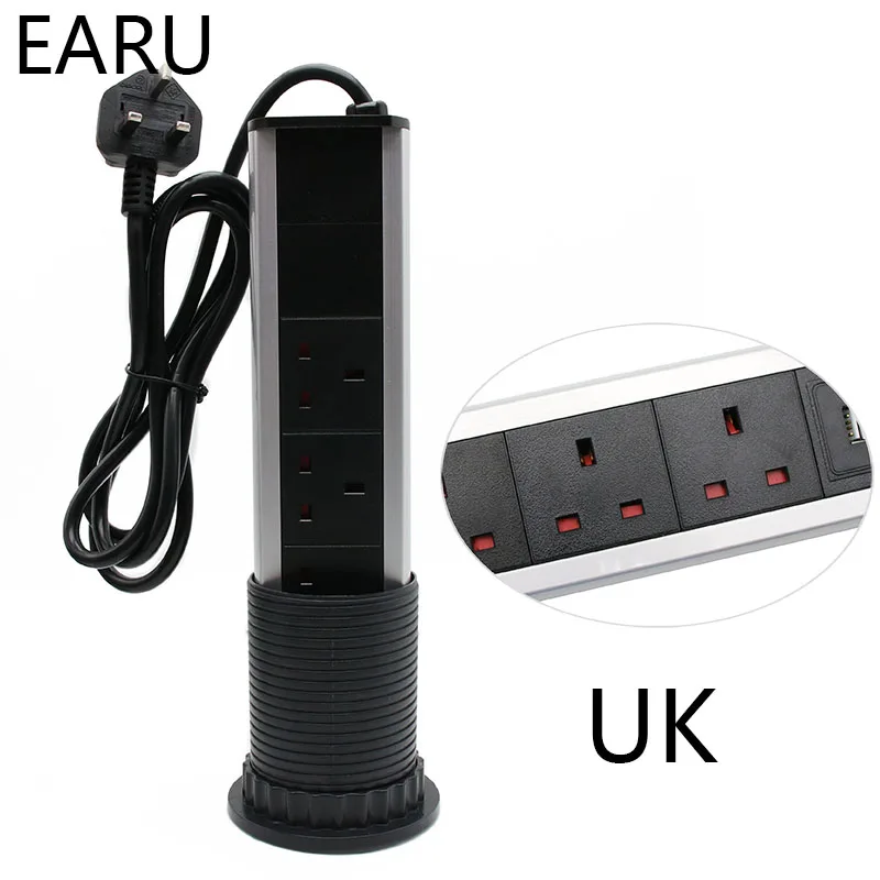 220V 16A PULL POP UP Electrical 3 Plug Socket 2 USB Kitchen Table Plug Sockets Retractable for Countertops Worktop UK/EU/US Plug