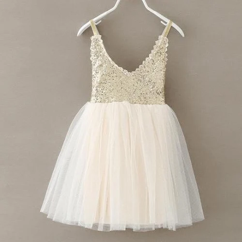 Cute Girls Silver Sequin Tutu Dress Kids V-neck Beige Glitter Bling Straps Chiffon Dress Children Wedding Party Dresses 1-7Y