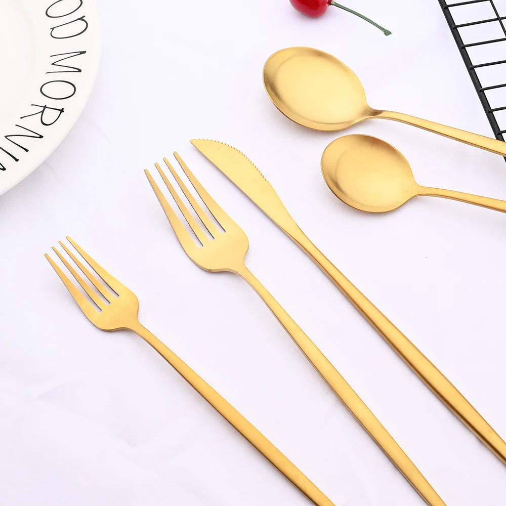 Matte Gold Tableware Stainless Steel Cutlery Set Kitchen Flatware Dinner Fork Spoon Knife Cake Fork Ice Spoon Dinnerware Set