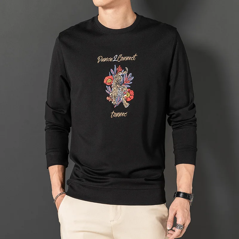 Men's Fashion Long Sleeve Round Neck Hoodie Handsome Leisure Embroidered Creative Personality Comfortable Loose Cotton Sweates