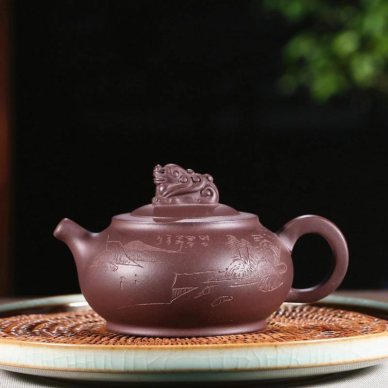 

handmade tea pot on sales Chinese kungfu carved animal statue 250ml real yixing zisha original ore purple grit pot of tea new