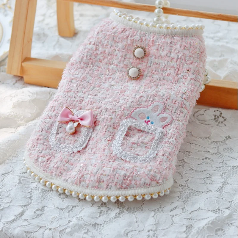 Handmade Winter Dog Clothes Pet Vest Waistcoat Pearl Collar Princess Pink Tweed Lining Polyester Sherpa Thick Soft Warm Walking