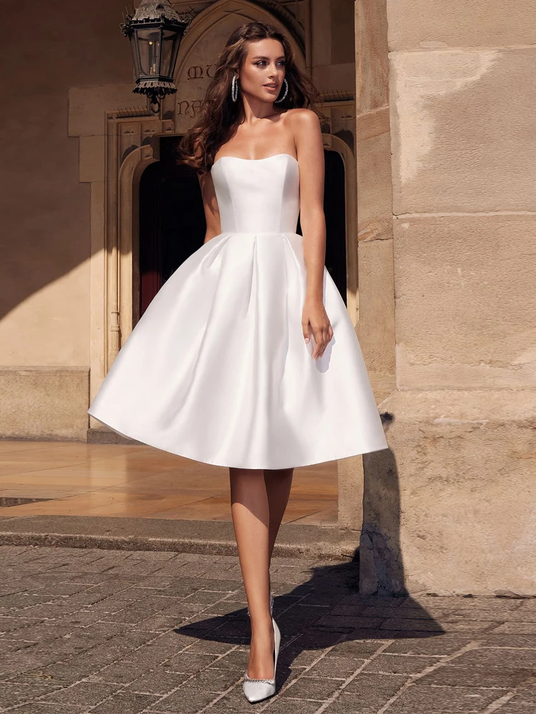 Simples branco curto vestidos de casamento cetim aberto voltar na altura do joelho praia vestidos de noiva princesa com bolsos vestidos de novia novo